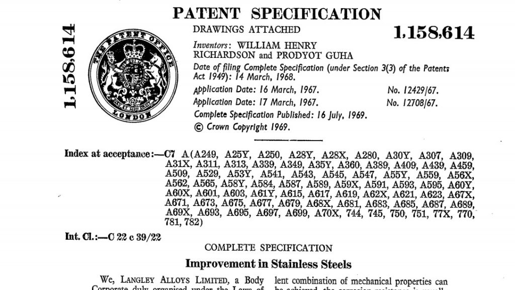 Patent for the world's first commercial super duplex stainless steel, later launched as Ferralium 255.